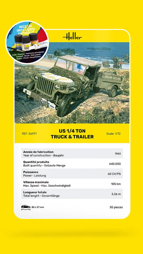 Heller 1/72 Starter Kit US 1/4 Ton Willys Truck & Trailer